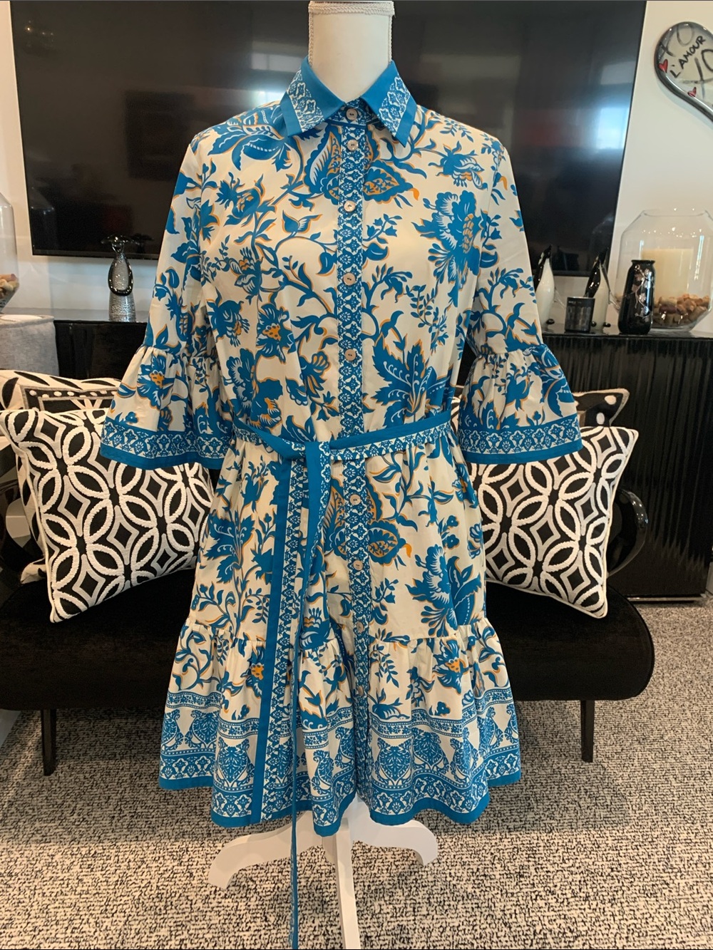 Etro Blue and White Floral Print Dress with orange accents. Worn once. Size 44 - Picture 1 of 10
